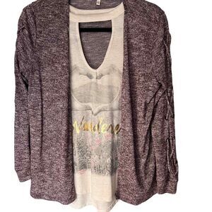 Self Esteem Women's 2Pc Lace-Up Cardigan Sweater & Keyhole Short Sleeve Blouse